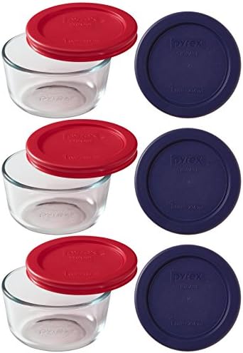 Pyrex (3) 7202 1 Csésze Tiszta Üveg Tároló Tálak a 7202-PC (3) Red & (3) a Kék Műanyag Fedelek, Made in USA