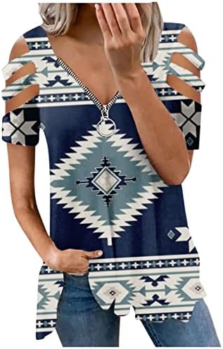 Tunika Felsők Női Divatos Nyugati Etnikai Nyomtatás póló Szexi Hideg Nyak Vneck Blúz, Rövid Ujjú Cipzár Laza Pólók