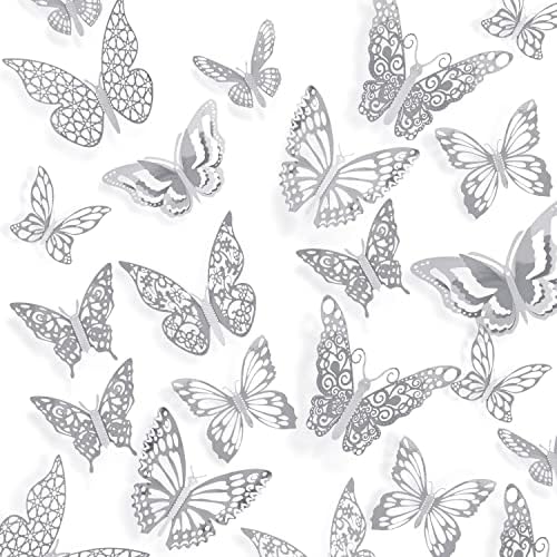 Vuzvuv 60Pcs 3D Ezüst Pillangós Fali Matricák 3 Méretben 5 Stílusok Pillangó Parti Dekoráció, Torta Dekoráció, Fali